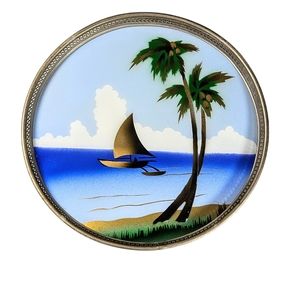 Vintage Reverse Painted Glass Tropical Round Serving Trinket Tray Sail Boat 9.5